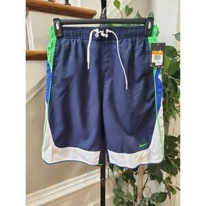 Nike Men's Blue 100% Polyester Pull On Swim Trunk Logo Print Shorts Size Small